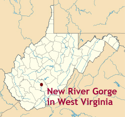 West Virginia map showin location of the New River Gorge