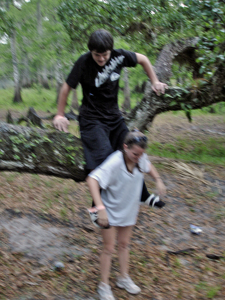 Josh jumps onto Brittny's shoulders