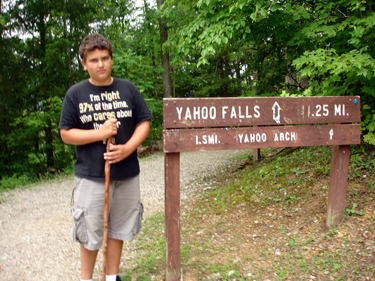 the grandson of the two RV Gypsies at the Yahoo Falls sign