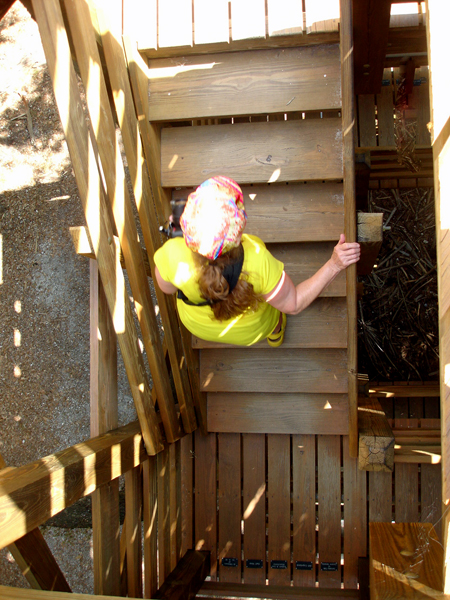 Karen Duquette starting the climb up the stairs