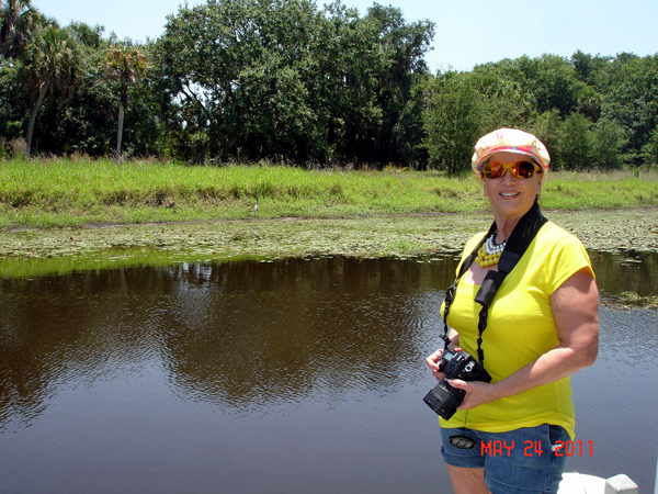 Karen Duquette on the airboat waiting for takeoff