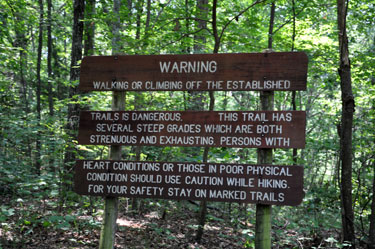 the warniing sign at the start of the Waterfalls Trail at Cloudland Canyon