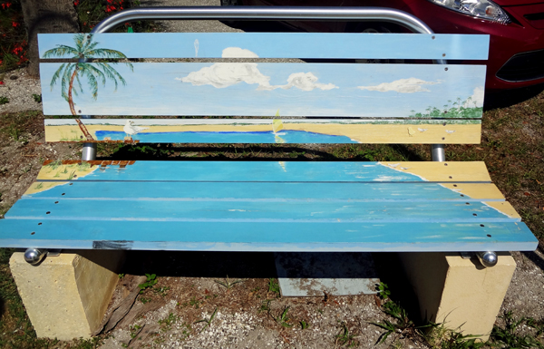 painted bench - palm tree & boardwalk to the ocean