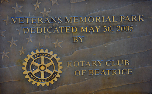 plaque: Veterans Memorial Park Dedicated by Rotary Club of Beatrice