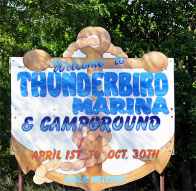 sign: Welcome to Thunderbird Marina & campground