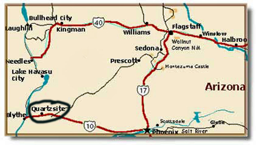 Arizona road map showing location of Quartzsite, Arizona