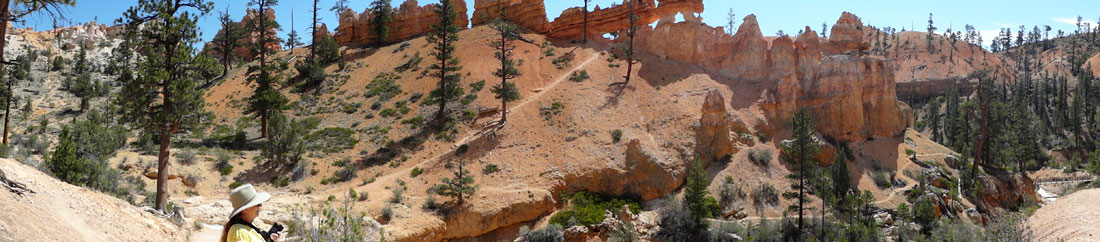 a view of a very steep hill and the amazing wall of hoodoos