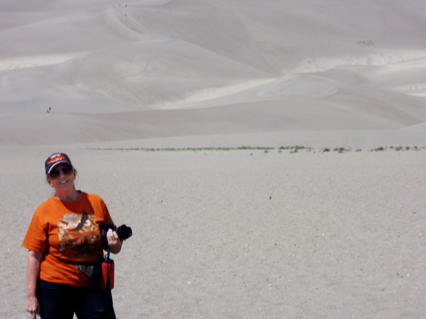 Karen Duquette approaching the sand dunes at Great Sand Dunes National Park