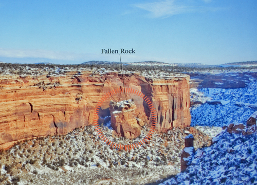 sign showing where Fallen Rock is in the canyon