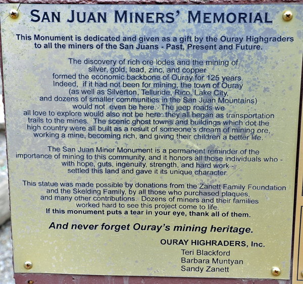 sign about the a memorial to the San Juan Miners
