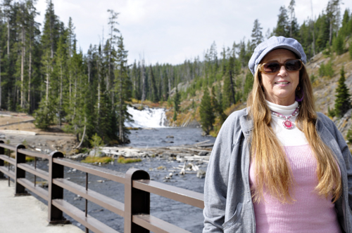 Karen Duquette by Lewis Falls at Yellowstone National Park