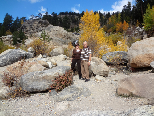 the two RV Gypsies and fall foliage at Rocky Mountain National Park