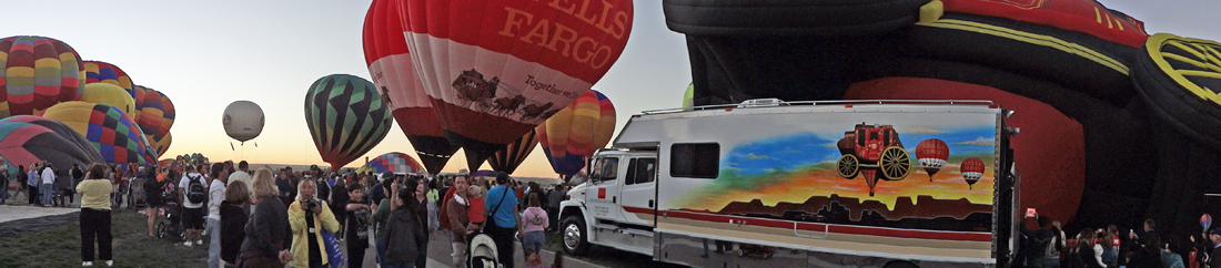 The Wells Fargo truck, partially inflated stagecoach and lots of people