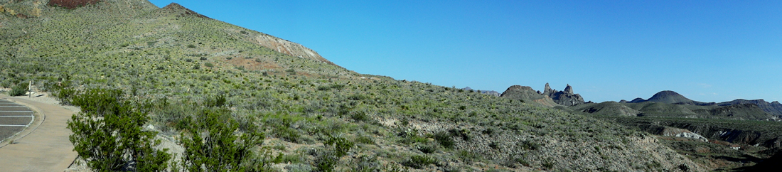 panorama of sign about the Mule Ears peaks