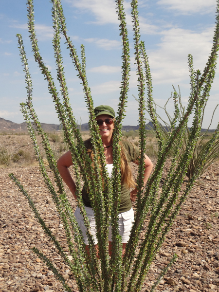 Karen Duquette trying to blend in with the Ocotillo.
