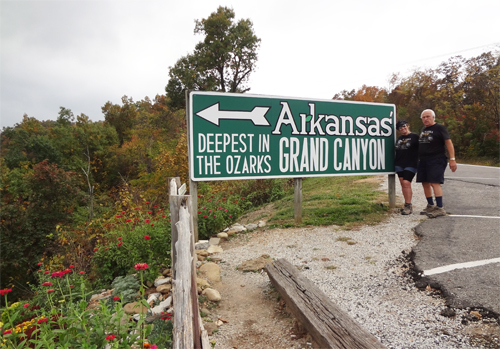 Grand Canyon of the Ozarks sign and the two RV Gypsies