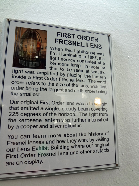 sign about the Fresnel Lens at the top of the lighthouse