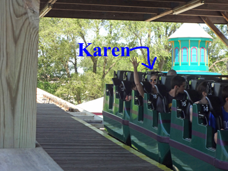Karen Duquette on the Dragon roller coaster at Adventureland
