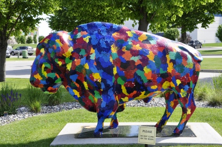 A painted bull outside the Fargo-Moorhead Visitor Center