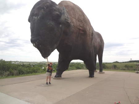 Karen Duquette trying to reach the World's Largest Buffalo statue