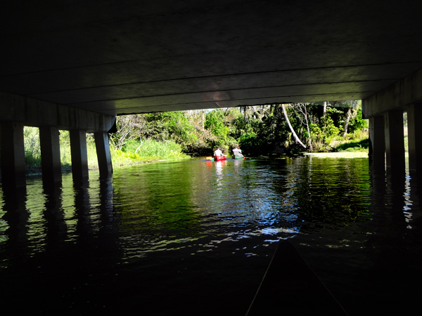 paddling the canoes under the bridge