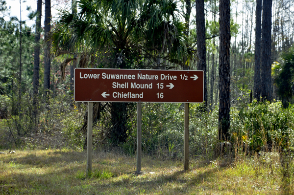 sign: Lower Suwannee Nature Drive, Shell Mound and Chiefland