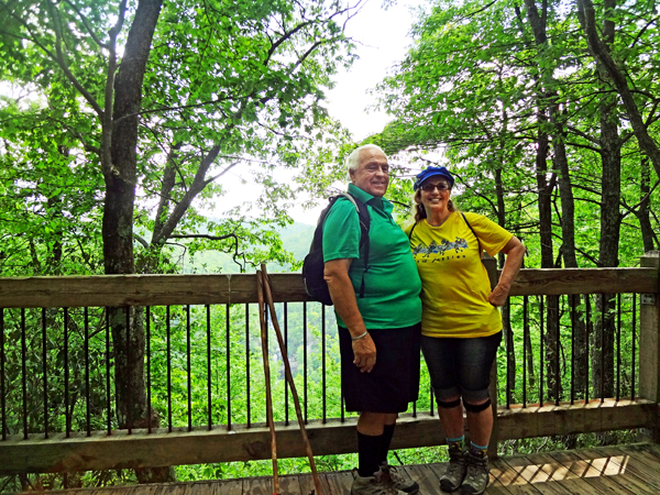 The Two RV Gypsies on the viewing deck at Raven Creek Falls