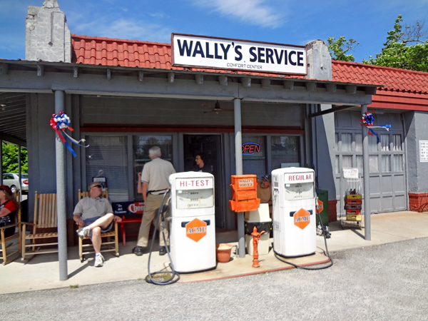 Wally's Service Station and the gas pumps