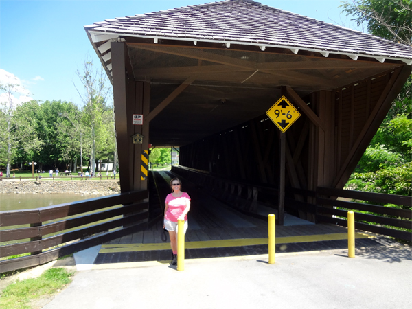 Karen Duquette in front of the Covered Bridge in Elizabethton, Tennessee
