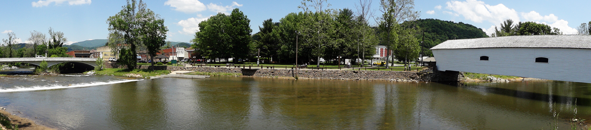 panorama of The Doe River and the covered bridge in Tennessee