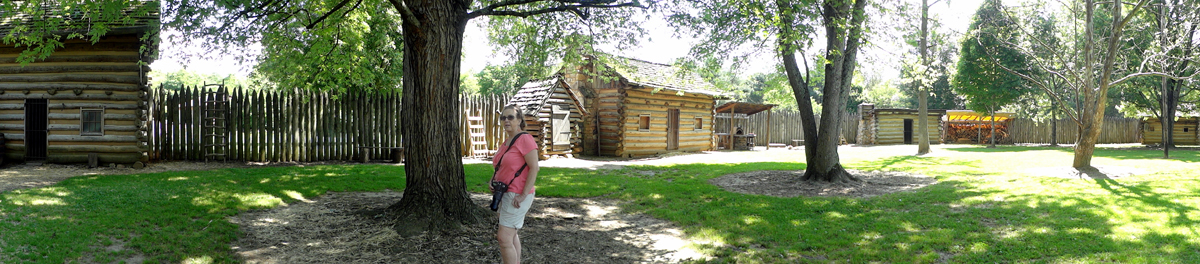 Karen Duquette at the reconstructed Fort Watauga in Sycamore Shoals State Historic Area