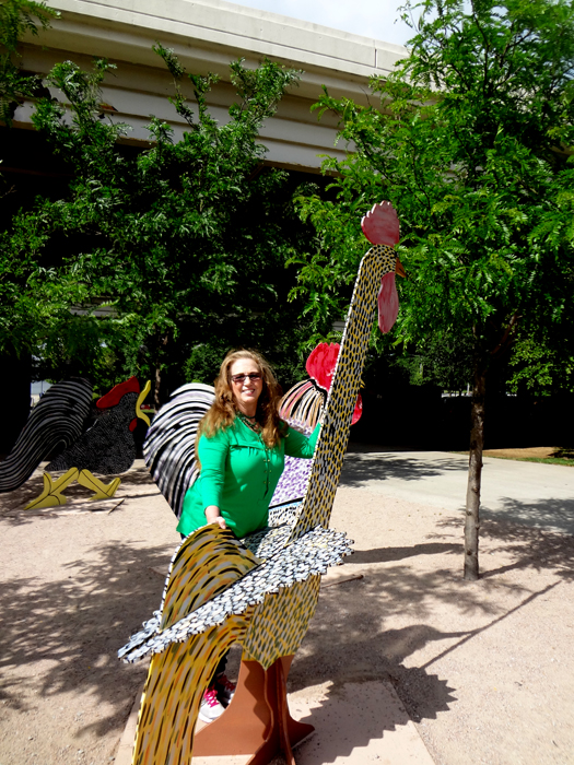 Karen Duquette and a weird bird at Flock of Finns Sculpture Garden in Louisville KY