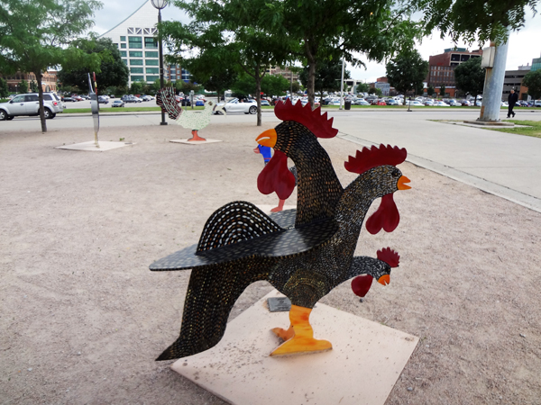 3-headed rooster at Flock of Finns Sculpture Garden in Louisville KY