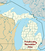 Map of Michigan showing location of Proud Lake