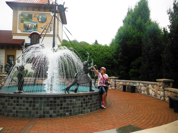 Karen Duquette and the fountain at The Visitor Center in Frankenmuth
