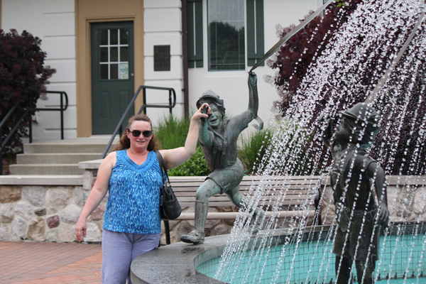 Cindy at the fountain at The Visitor Center in Frankenmuth