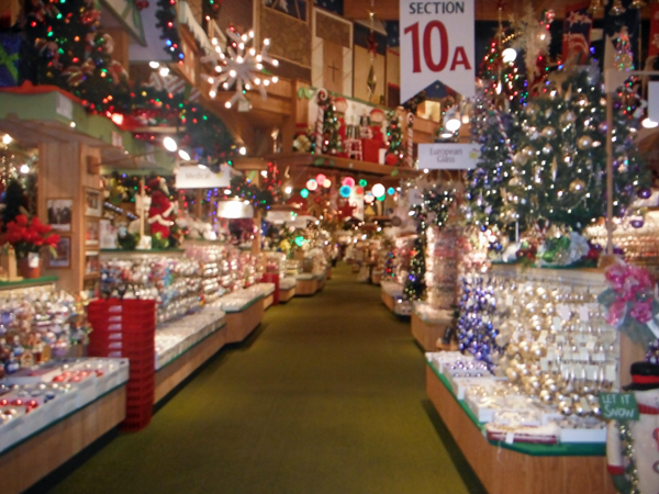 a small display of ornaments inside Bronners Christmas Wonderland