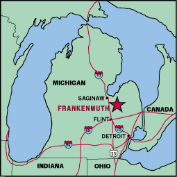 Map of Michigan showing location of Frankenmuth
