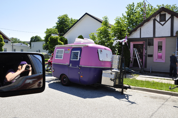 a cute pink and purple RV
