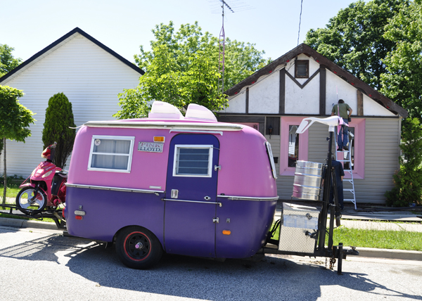 a cute pink and purple RV
