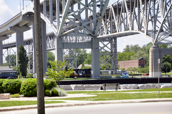 a train on the USA side of the Bluewater Bridge