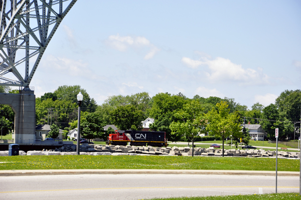 a train on the USA side of the Bluewater Bridge