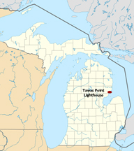 map of Michigan showing location of Tawas Point Lighthouse