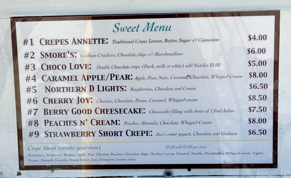 the menu for sweet crepes