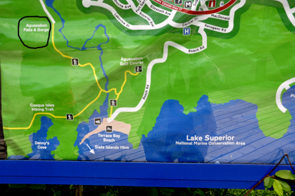 map showing location of sign: Aguasabon River Gorge and Lake Superior and more