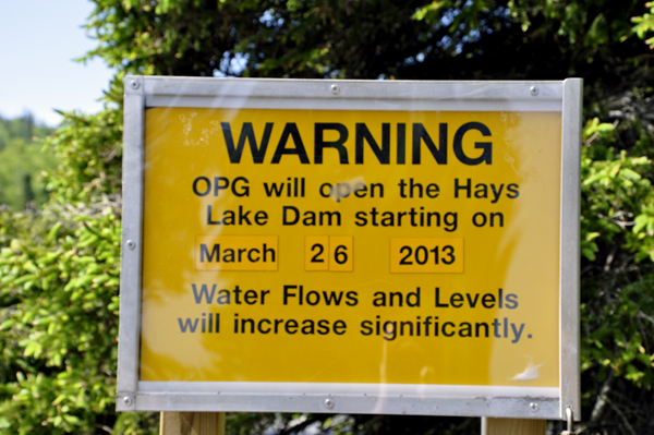 warning sign about Hays Lake Dam