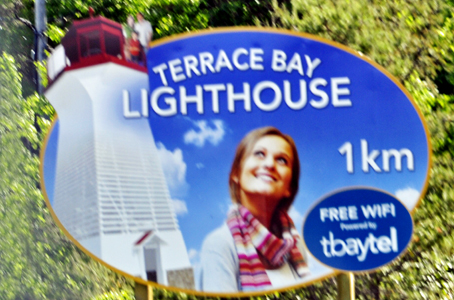sign: Terrace Bay Lighthouse 1 km away