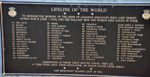 plaque honoring the memory of the ships of Canada's Merchant Navy lost during WWII.