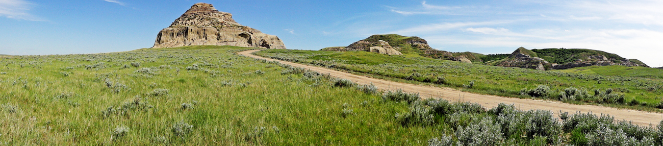 panorama of the last piece of dirt road leading to Castle Butte