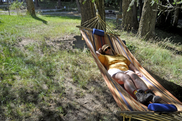 Karen Duquette relaxing in a hammock